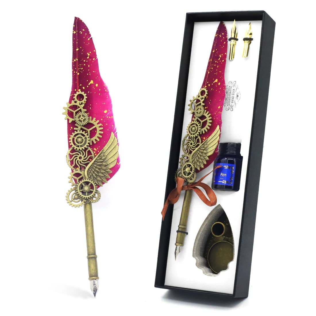 HASTHIP Feather Pen and Blue Ink Set, Mechanic Style Quill Calligraphy Pen with Ink, 2 Replacement Nibs and Pen Holder, Vintage Signature Fountain Pen Dip Pen Gift Set (Red) HASTHIP Feather Pen and Blue Ink Set, Mechanic Style Quill Calligraphy Pen with Ink, 2 Replacement Nibs and Pen Holder, Vintage Signature Fountain Pen Dip Pen Gift Set (Red)